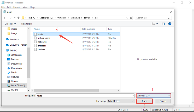 Select All Files, click the hosts file, and open it in Notepad