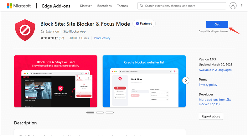 Click on the Get button to install the Block Site extension on Edge