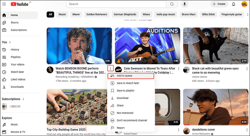 Click the three-dot icon next to the video and select Add to queue to add videos to your queue on YouTube