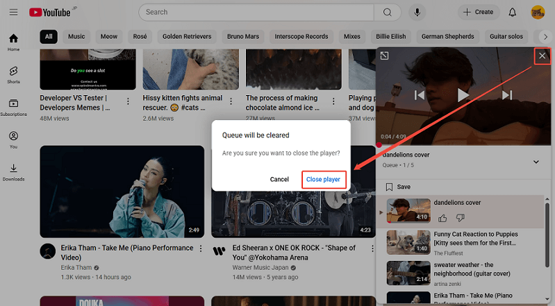 Click the X icon in the mini player and click on Close player to clear the queue on YouTube