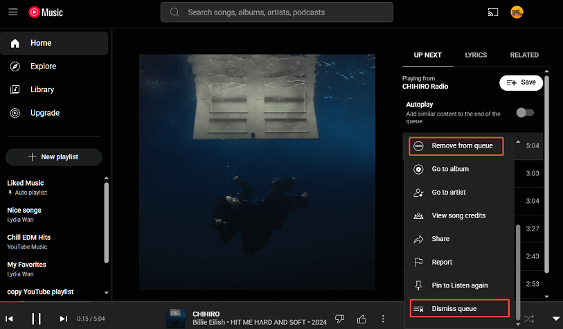 Click Remove from queue to remove a single song or click Dismiss queue to clear the entire queue on YouTube Music