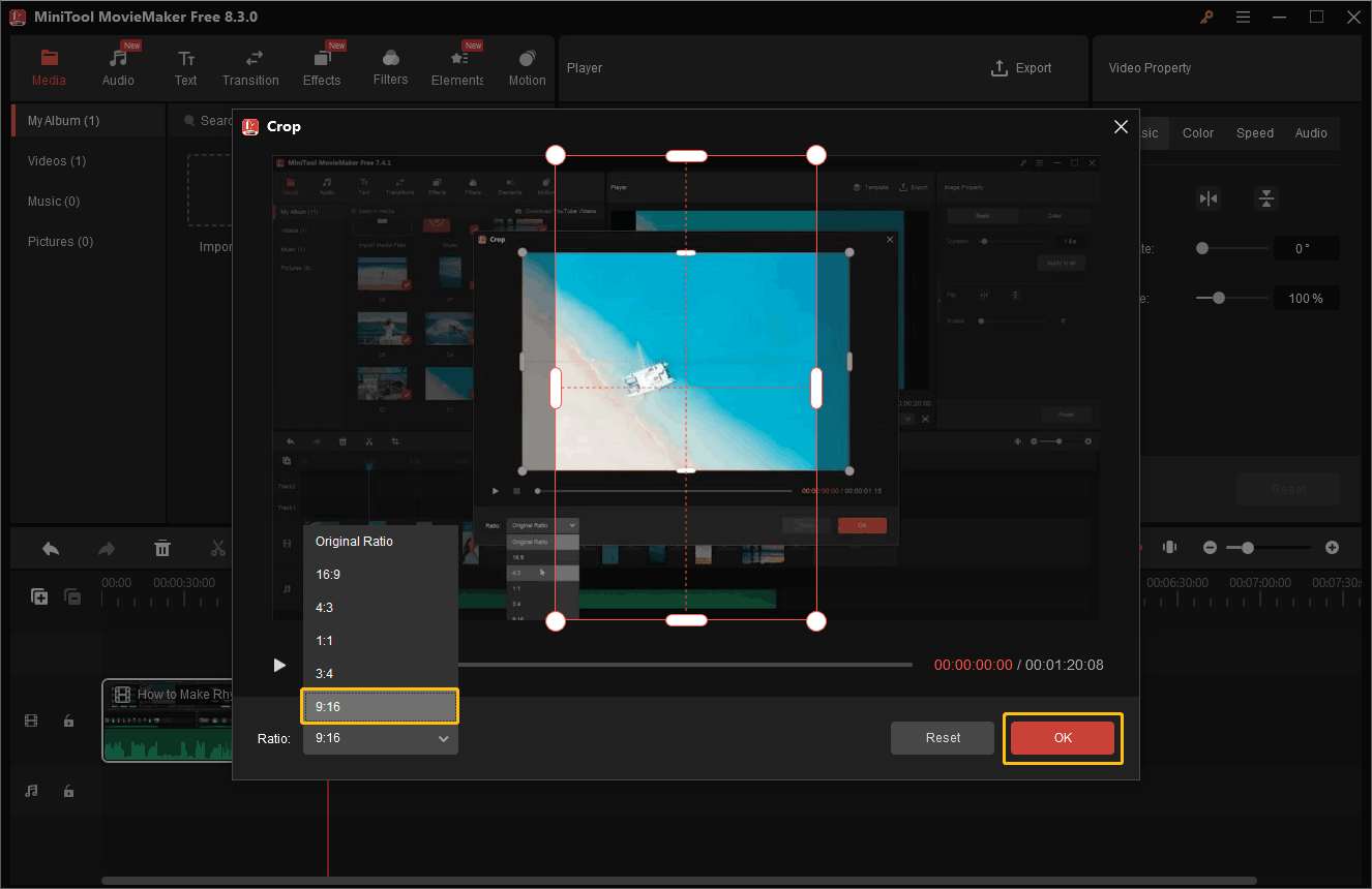 In MiniTool MovieMaker, open the Crop window, expand the Ratio option and choose 9:16, and click on OK