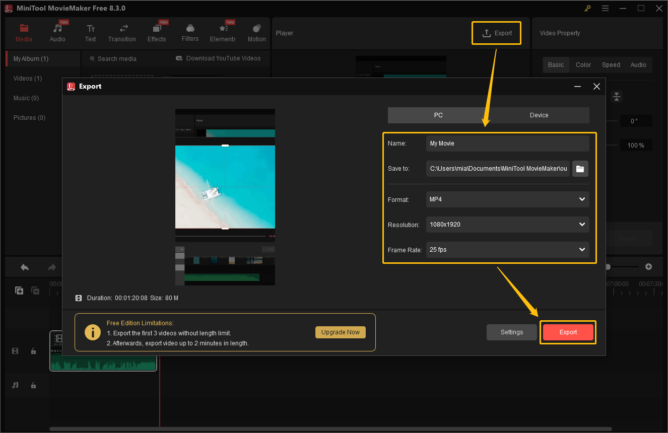 In MiniTool MovieMaker’s Export window, rename the video clip, set the save location, choose the output format, resolution, and frame rate, and click the Export icon
