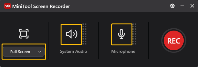 Select the recording region and choose whether to record the system audio and microphone audio in the MiniTool Screen Recorder window