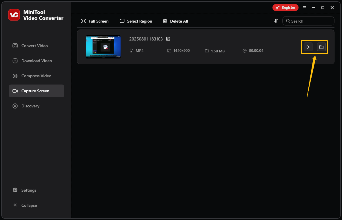 In MiniTool Video Converter, click the play icon to view the video, or click the folder icon to navigate to the location where it is saved