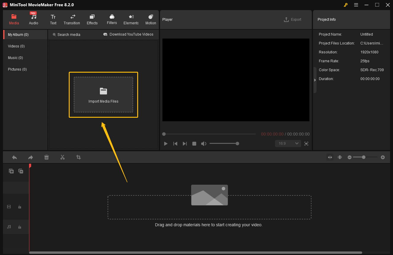 Click Import Media Files to import your video in MiniTool MovieMaker