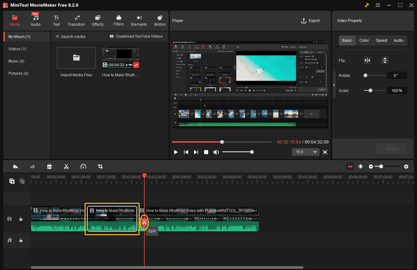 Drag the playhead and click the Split icon to cut out the video clips you want in MiniTool MovieMaker