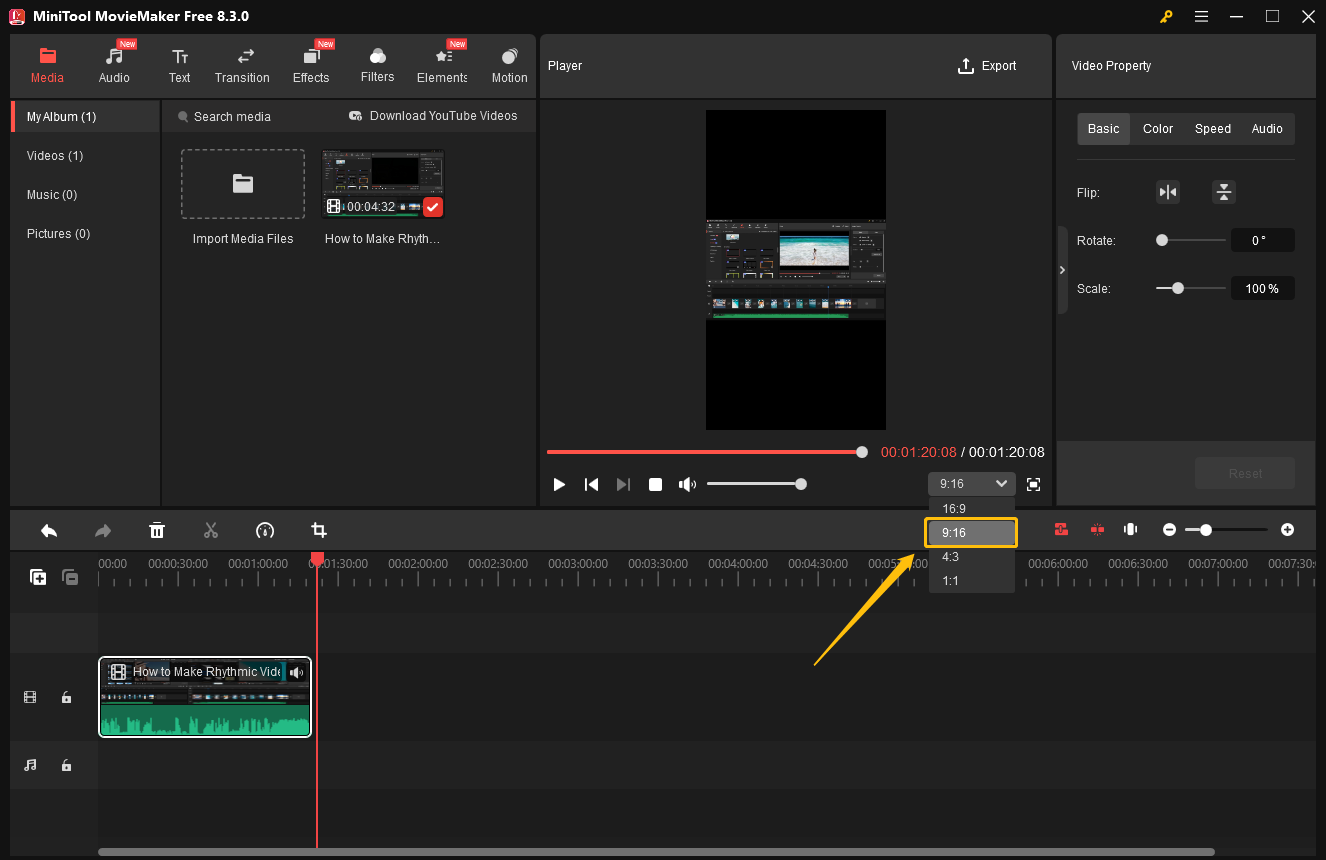 In MiniTool MovieMaker, expand the ratio option at the lower-right corner of the Player section, and choose 9:16