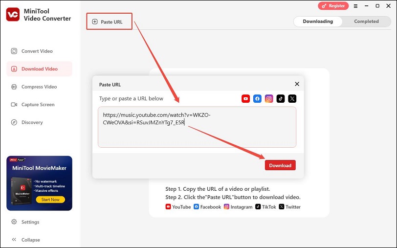 Click on the Paste URL button, paste the URL of the YouTube Music song/playlist, and click on Download to analyze the URL in MiniTool Video Converter