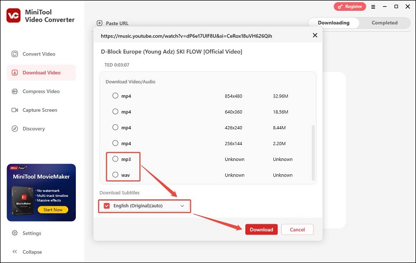 Select MP3 or WAV as the output format, choose whether to download the YouTube Music song’s lyrics, and click Download in MiniTool Video Converter