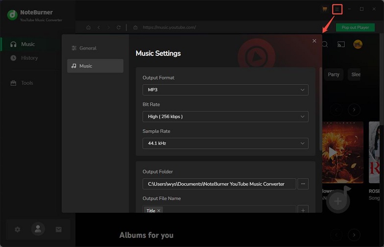Click the More icon and customize the download preferences in the pop-up window of NoteBurner YouTube Music Converter