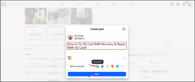 Type something into the input box, click on Photo/Video to choose the edited YouTube video, and click on Post to post it to Facebook