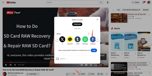 Click on Share and select Facebook as the share platform on YouTube