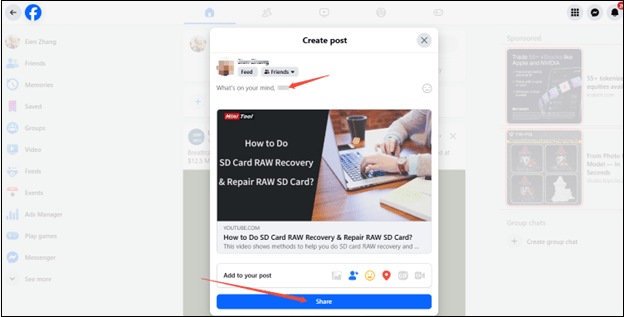 Add a personalized message and click on Share to post it on Facebook