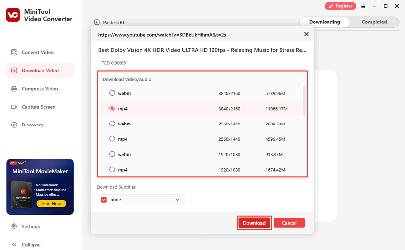 Choose the download format and click on Download to download the HDR video with MiniTool Video Converter