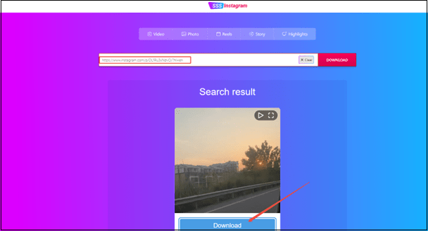 Paste the copied Instagram video link and click on Download to download the video in SSSInstagram