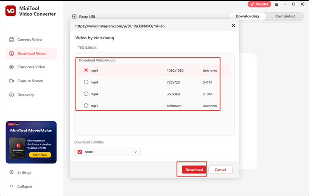 Choose the output format and quality, and click on Download to download the Instagram video in MiniTool Video Converter