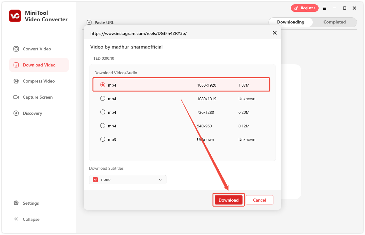 Choose output format and click Download in MiniTool Video Converter