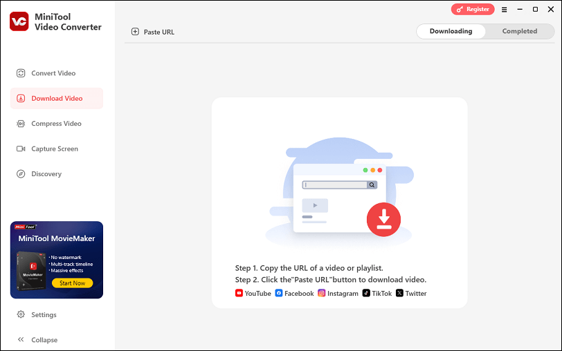 The main interface of MiniTool Video Converter on the Download Video tab