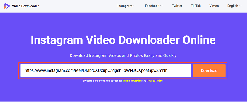 Paste the Instagram video URL and click on the Download button on viddown.net