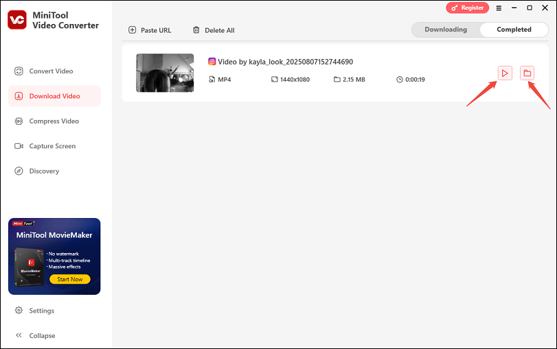 Play the Instagram video by clicking the play icon, or locate the video by clicking the folder icon in the Completed tab of MiniTool Video Converter