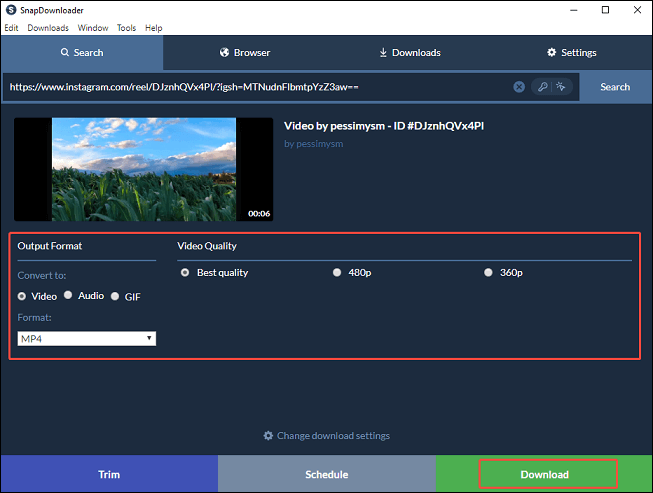 Select your preferred output format and quality, and click the Download button to download the Instagram video in SnapDownloader