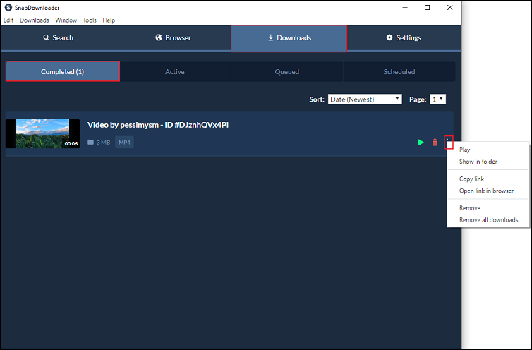 Check the downloaded video in the Completed subtab under the Downloads section and click the More option to perform more actions in SnapDownloader