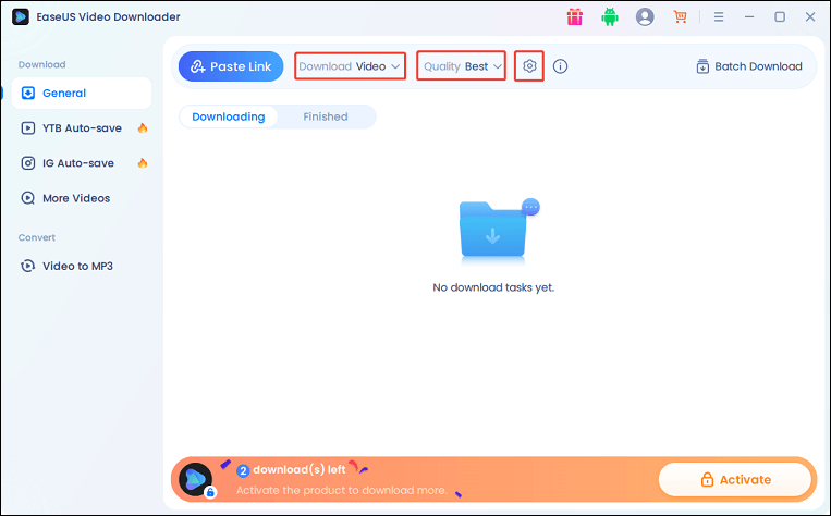 Click Download to choose format, click Quality to choose quality, and click the settings icon to specify more settings in EaseUS Video Downloader