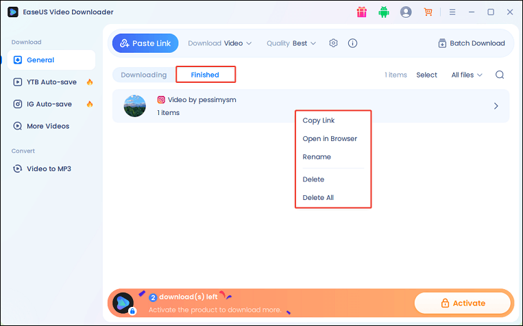 View the downloaded Instagram video in the Finished tab and right-click on the video in EaseUS Video Downloader