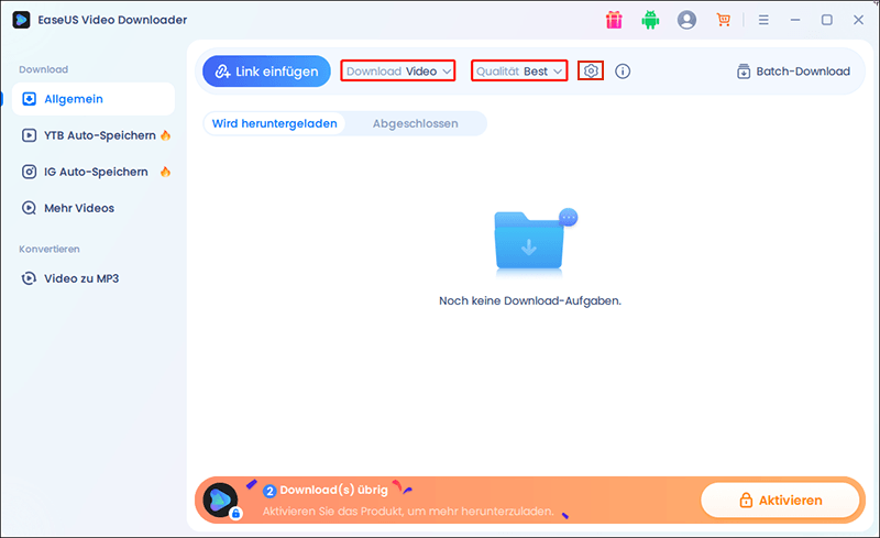Neben der Schaltfläche Link einfügen klicken Sie auf Herunterladen, um das Format zu wählen.