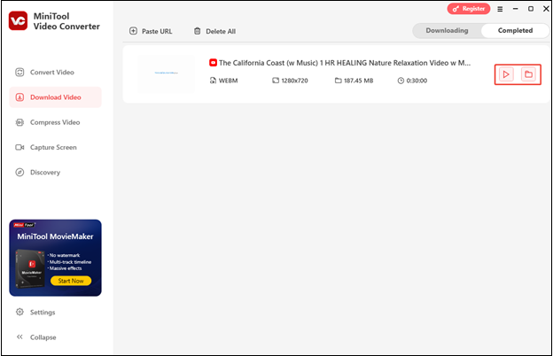 Finden Sie das heruntergeladene lange YouTube-Video, indem Sie auf das Ordnersymbol klicken, und schauen Sie es an, indem Sie auf das Play-Symbol in MiniTool Video Converter klicken.