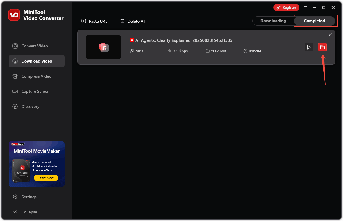 Under MiniTool Video Converter’s Completed tab, click the folder icon to locate the downloaded audio