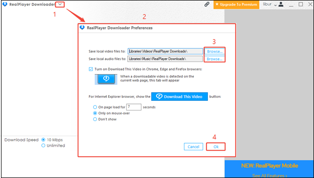 Go to the RealPlayer Downloader Preferences window to change the download location for YouTube videos