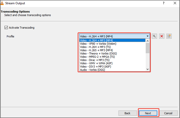 Expand Profile to choose a file format and then click the Next button in VLC Media Player