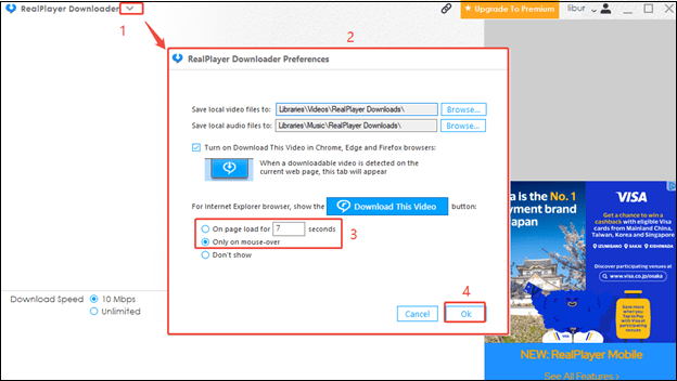 Go to the RealPlayer Downloader Preferences window to check that the Download This Video button is enabled in RealDownloader