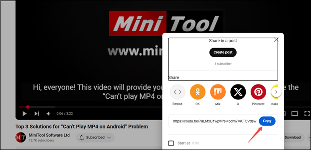 Click on Share > Copy to get the YouTube link