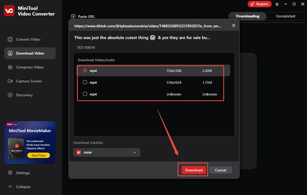 Choose a resolution and click on Download to download the TikTok video in MiniTool Video Converter