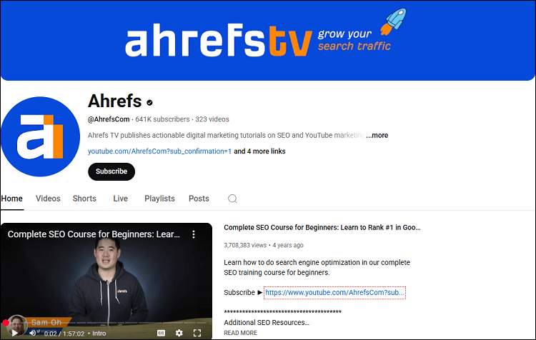 The channel homepage of Ahrefs on YouTube