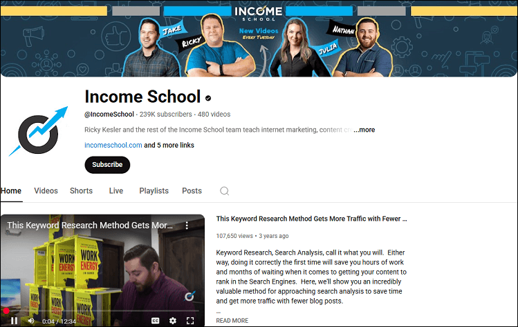 The channel homepage of Income School on YouTube