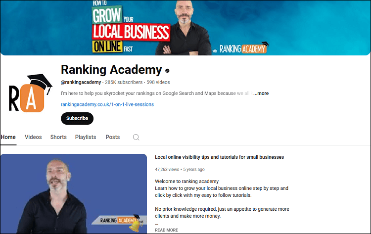 The channel homepage of Ranking Academy on YouTube