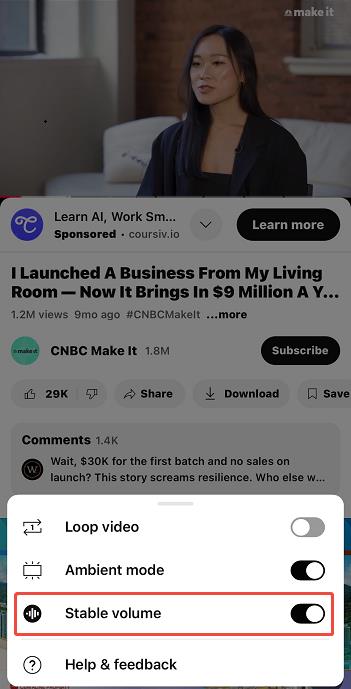 Turn the Stable volume option on or off while playing videos on the YouTube mobile app