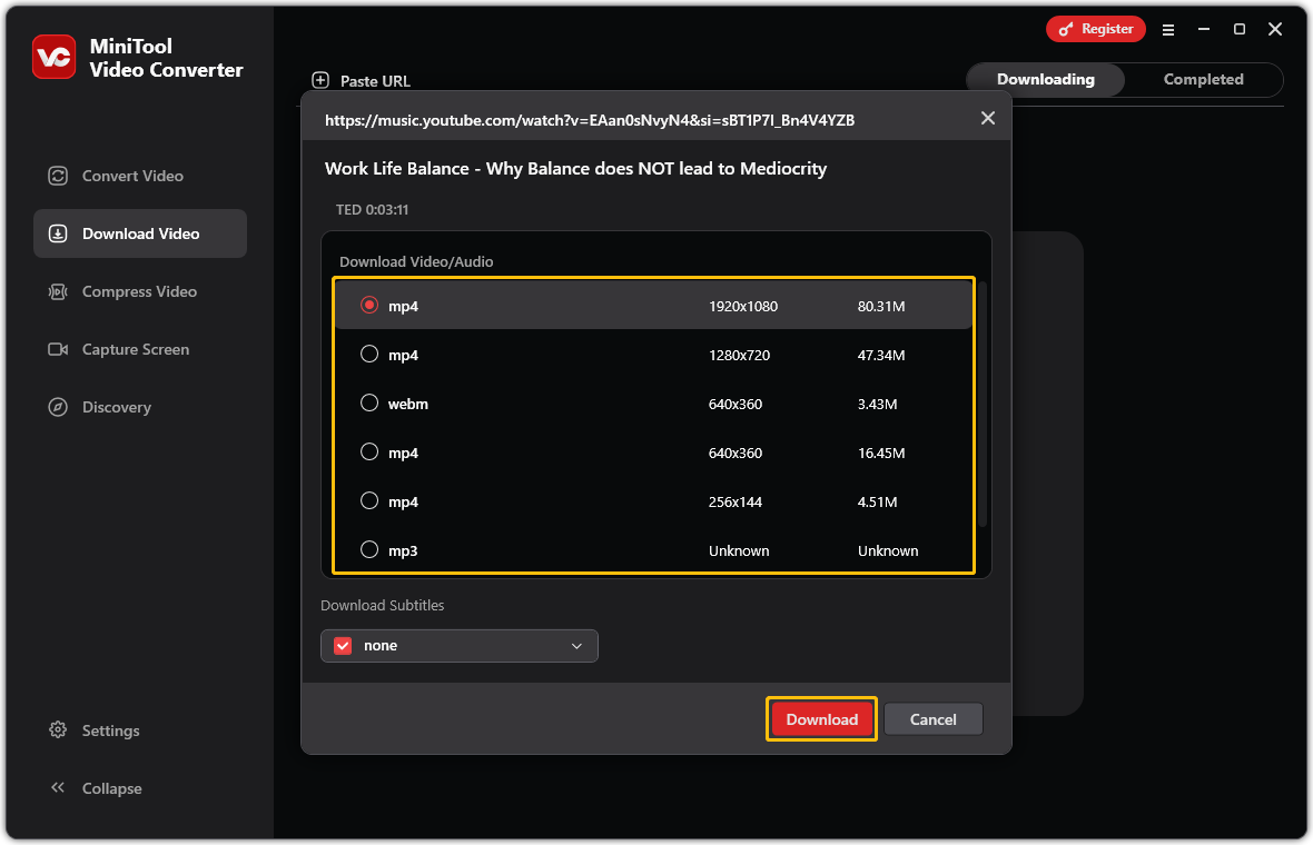 Choose the output format in the pop-up window and click Download in MiniTool Video Converter