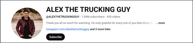 The main YouTube interface of ALEX THE TRUCKING GUY
