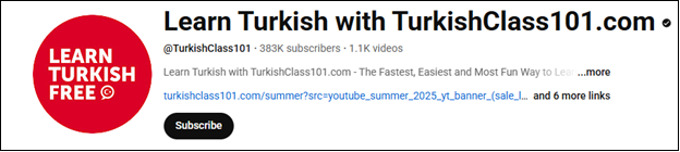The channel interface of Learn Turkish with TurkishClass101.com