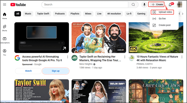 Click on Create > Upload video to upload OneDrive video to YouTube