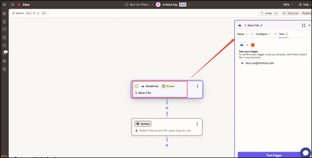 Select OneDrive as the trigger app, and choose an event, then follow the guides to finish Configure and Test in Zapier