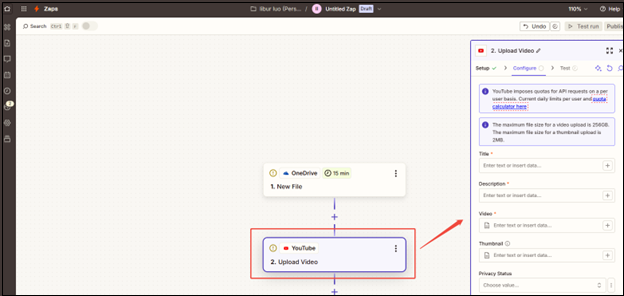 Select YouTube as the action app and choose Upload Video as the action event, then, follow the guides to finish Configure and Test in Zapier