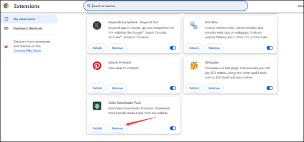 Click on Remove to reinstall the Video Downloader Plus extension