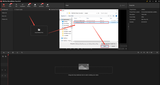 Click on Import Media Files, find the dark video, and click on Open to import it to MiniTool MovieMaker