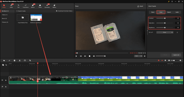 Drag and drop the video to the timeline and click on Color to adjust the contrast, saturation, and brightness in MiniTool MovieMaker